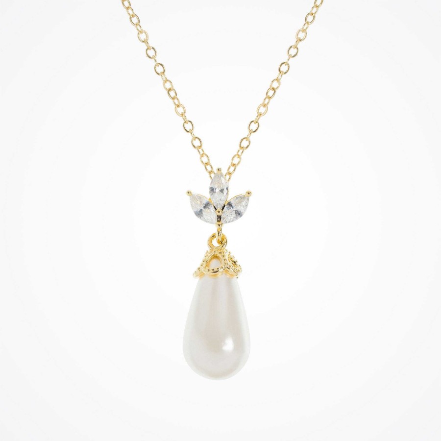 Wedding Jewellerywedding Jewellery Aria | Fleurette Navette Teardrop Pearl Necklace (Gold)