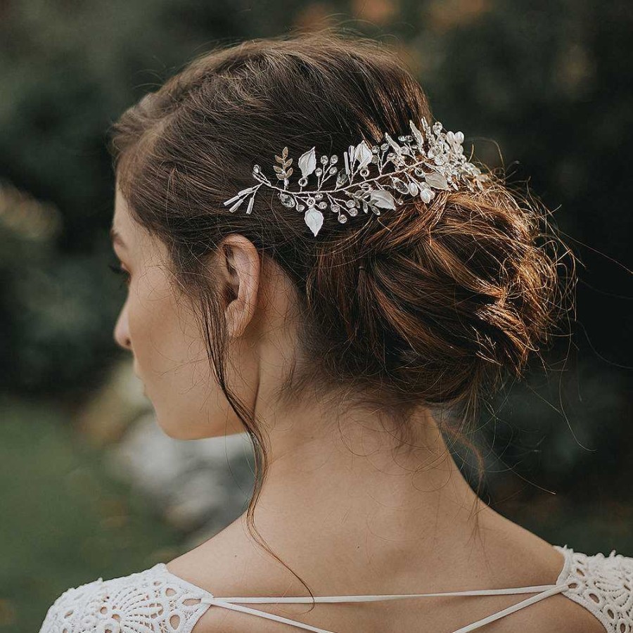 Wedding Hair Accessorieswedding Hair Accessories Aria | Basia Leafy Vine With Pearl Buds And Crystals (Silver)