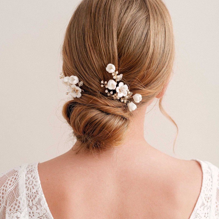 Wedding Hair Accessorieswedding Hair Accessories Aria | Serenity Clay Floral Crystal And Pearl Hair Pins