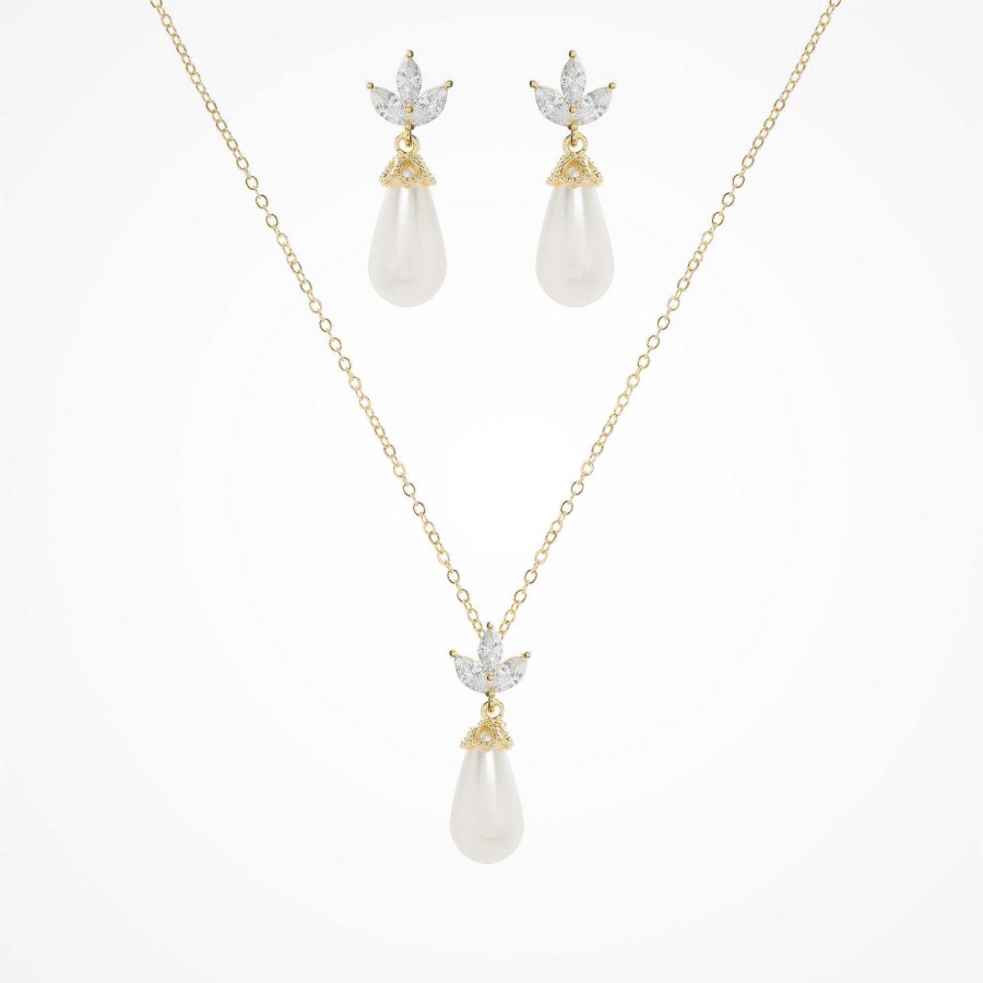 Wedding Jewellerywedding Jewellery Aria | Fleurette Navette Teardrop Pearl Earrings And Necklace Set (Gold)