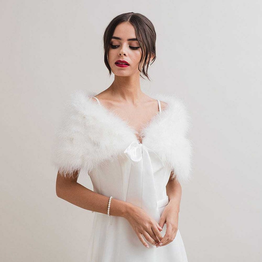 Veils, Cover-Ups And Beltsveils, Cover-Ups And Belts JL at Liberty in Love | Ivory Feather Ribbon Tie Bridal Stole