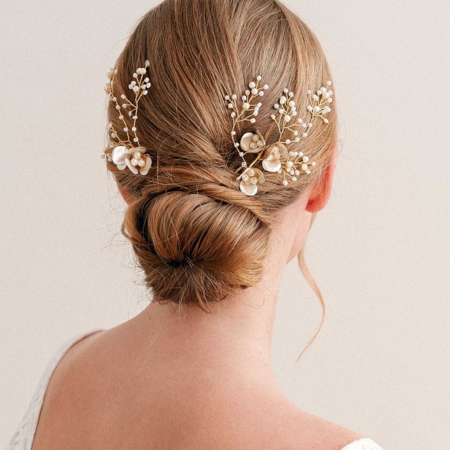 Wedding Hair Accessorieswedding Hair Accessories Aria | Lorelai Enameled Floral Pearl Sprig Hair Pins