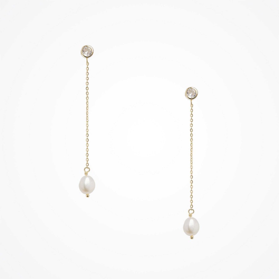 Wedding Jewellerywedding Jewellery Aria | Single Freshwater Pearl And Crystal Chain Drop Earrings (Gold)