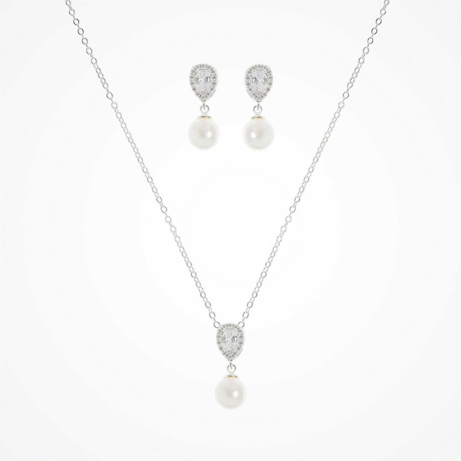 Wedding Jewellerywedding Jewellery Aria | Coco Pearl Drop Earrings And Necklace Set (Silver)