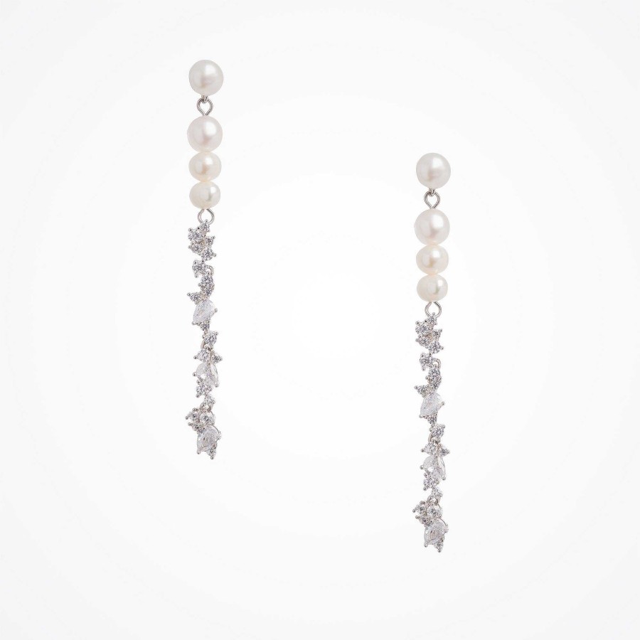 Wedding Jewellerywedding Jewellery Aria | Freshwater Pearl And Cz Long Drop Earrings (Silver)