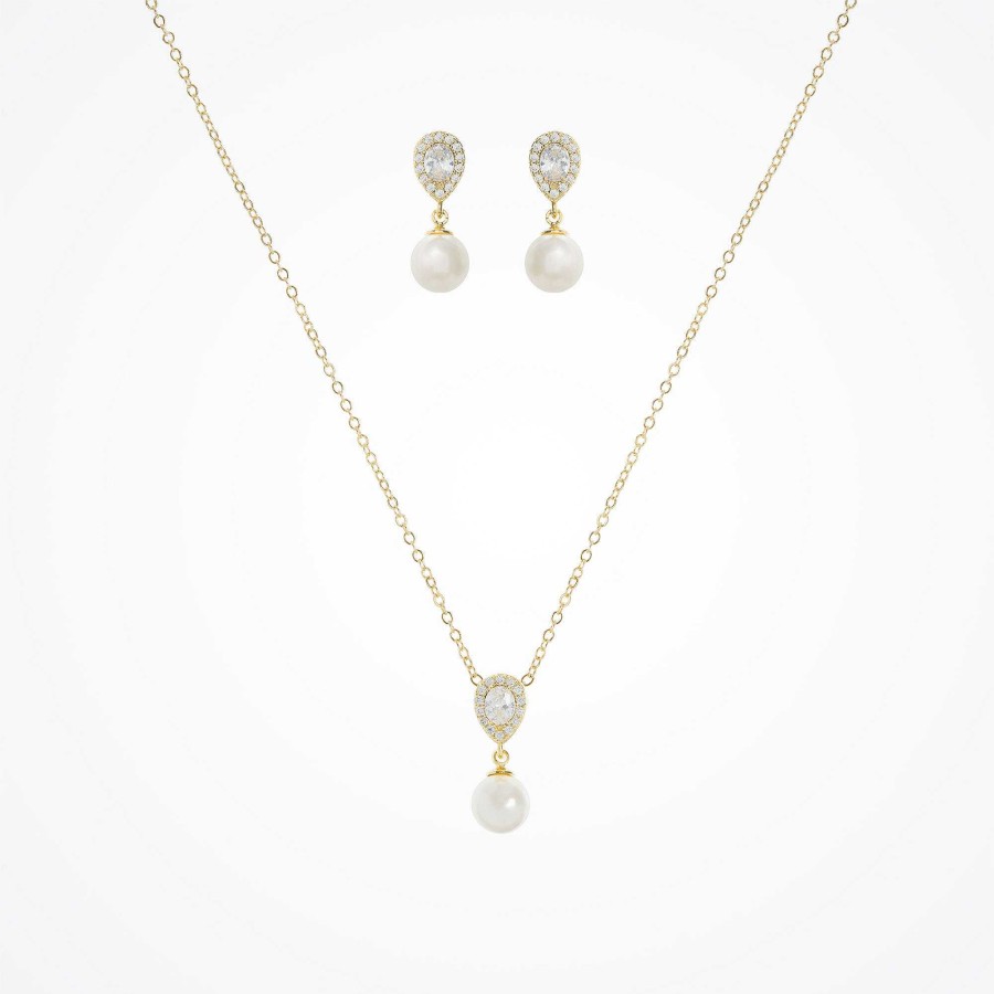 Wedding Jewellerywedding Jewellery Aria | Coco Pearl Drop Earrings And Necklace Set (Gold)