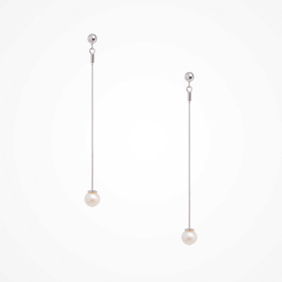 Wedding Jewellerywedding Jewellery Aria | Single Freshwater Pearl Chain Drop Stud Earrings (Silver)