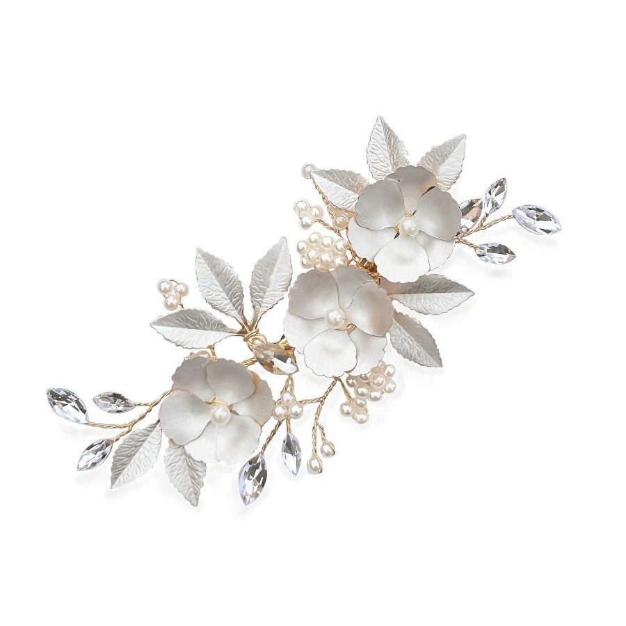 Wedding Hair Accessorieswedding Hair Accessories Ivory & Co | Gardenia Crystal And Pearl Enamelled Floral Clip (Gold)