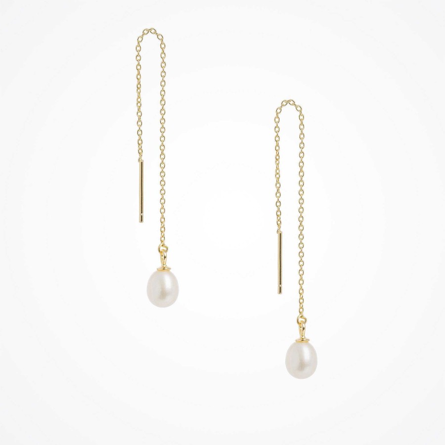 Wedding Jewellerywedding Jewellery Aria | Freshwater Pearl Drop Gold Chain Threader Earrings