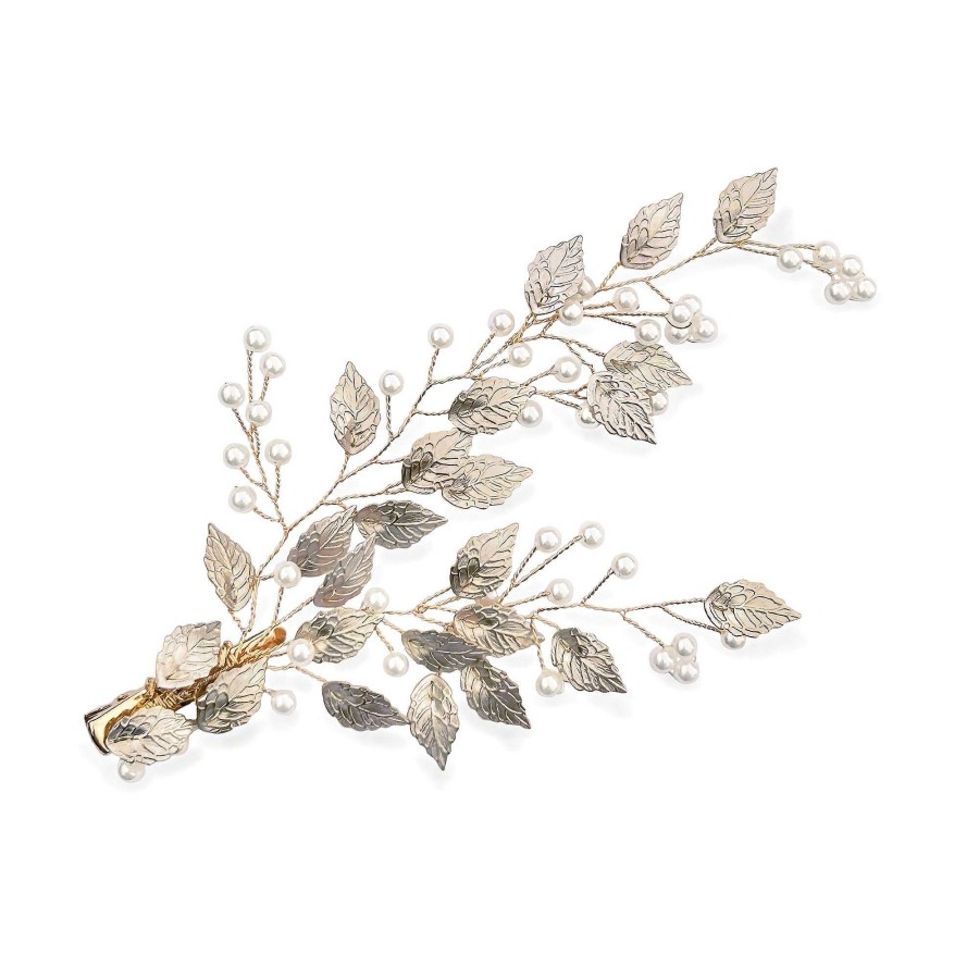 Wedding Hair Accessorieswedding Hair Accessories Ivory & Co | Summer Breeze Pearl Enamelled Leaf Sprig Clip (Gold)