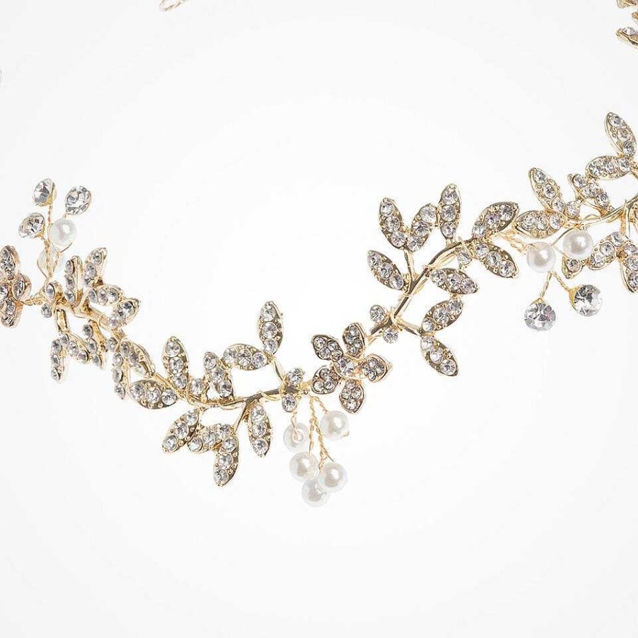 Wedding Hair Accessorieswedding Hair Accessories Aria | Gaia Crystal Embellished Leaves And Pearl Buds Gold Hair Vine