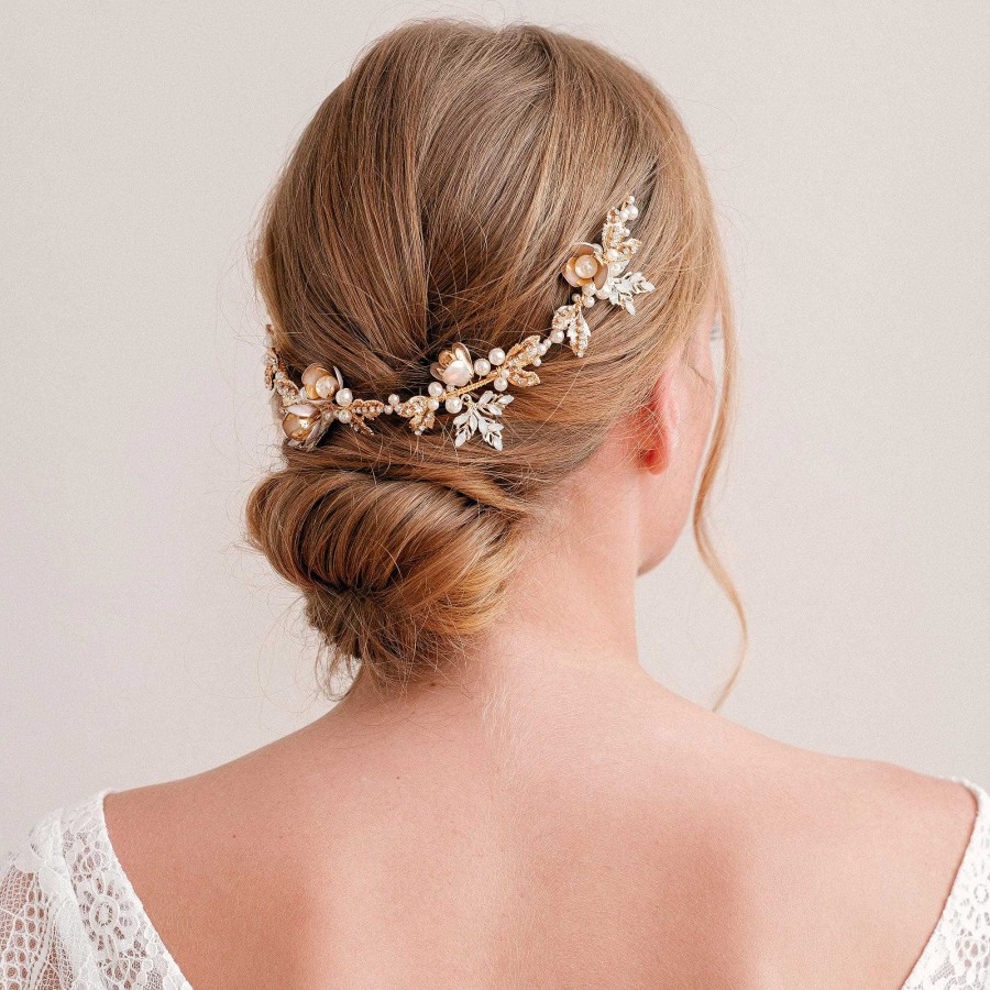 Wedding Hair Accessorieswedding Hair Accessories Aria | Yolande Pearl Enamelled Floral Gold Hair Vine