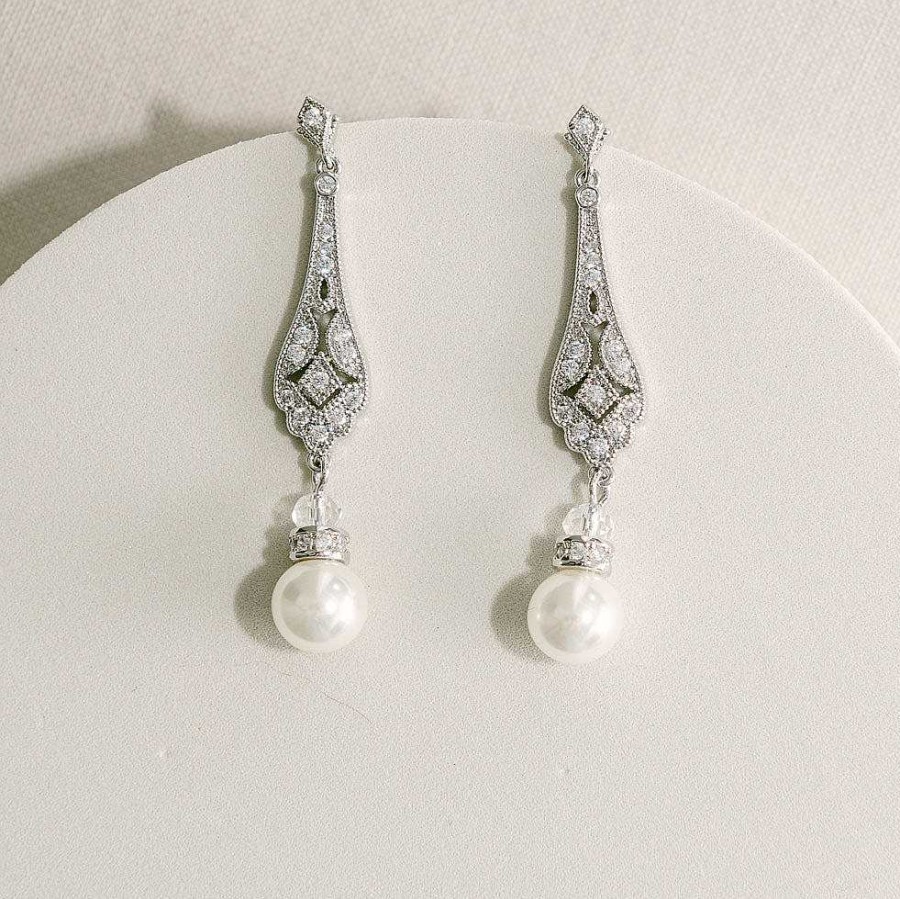 Wedding Jewellerywedding Jewellery Aria | Cassia Antique Long Drop Pearl Earrings (Silver)