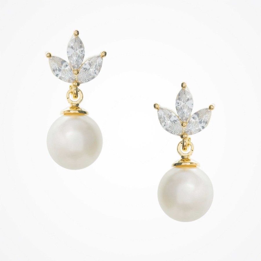 Wedding Jewellerywedding Jewellery Aria | Romy Navette Pearl Drop Earrings (Gold)