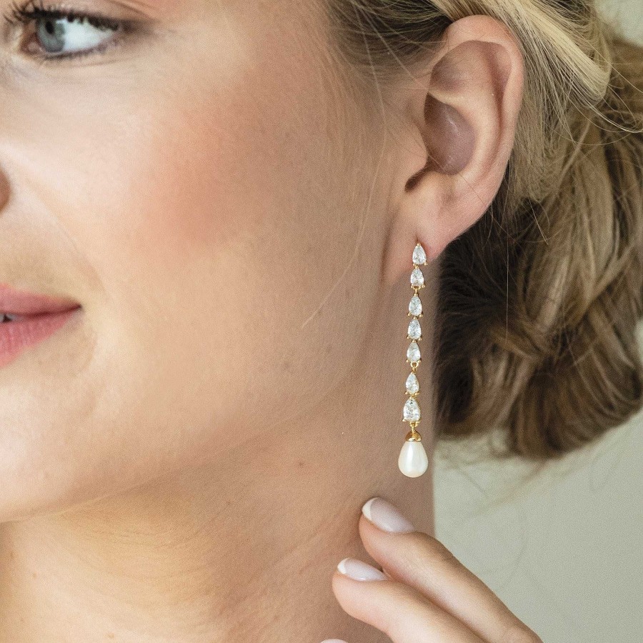 Wedding Jewellerywedding Jewellery Ivory & Co | Melbourne Crystal Long Pearl Drop Earrings (Gold)