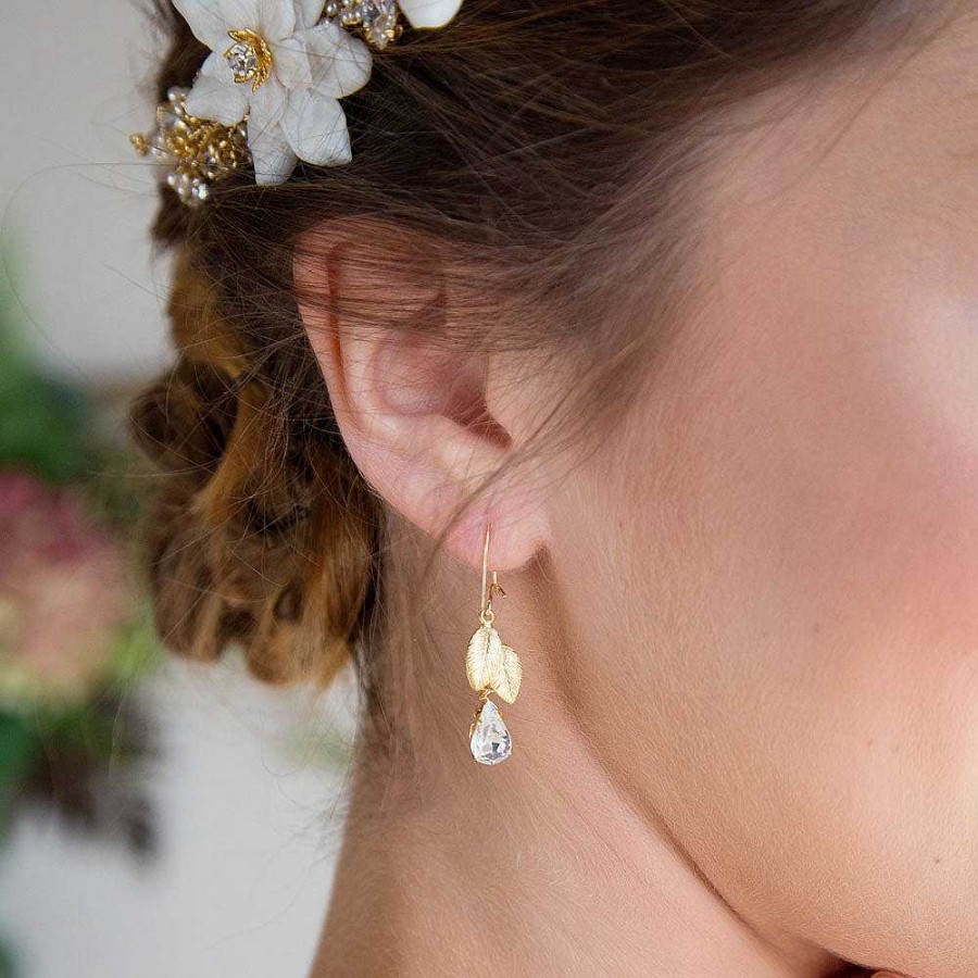 Wedding Jewellerywedding Jewellery Laurel Lime | Wallflower Gold Leaves Crystal Drop Earrings