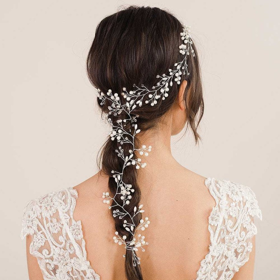 Wedding Hair Accessorieswedding Hair Accessories Aria | Idra Pearl And Crystal Embellished Long Hair Vine (Silver)