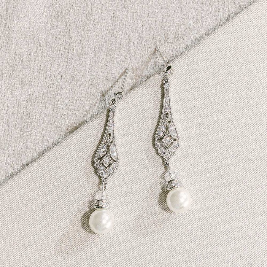 Wedding Jewellerywedding Jewellery Aria | Cassia Antique Long Drop Pearl Earrings (Silver)