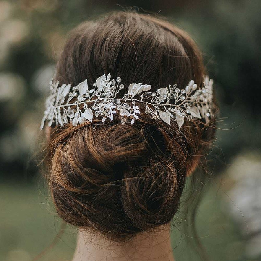 Wedding Hair Accessorieswedding Hair Accessories Aria | Basia Leafy Vine With Pearl Buds And Crystals (Silver)