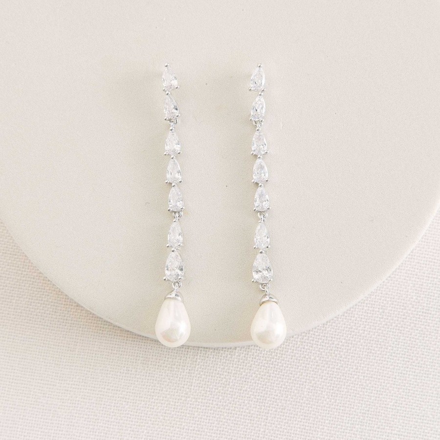 Wedding Jewellerywedding Jewellery Ivory & Co | Melbourne Crystal Long Pearl Drop Earrings (Silver)