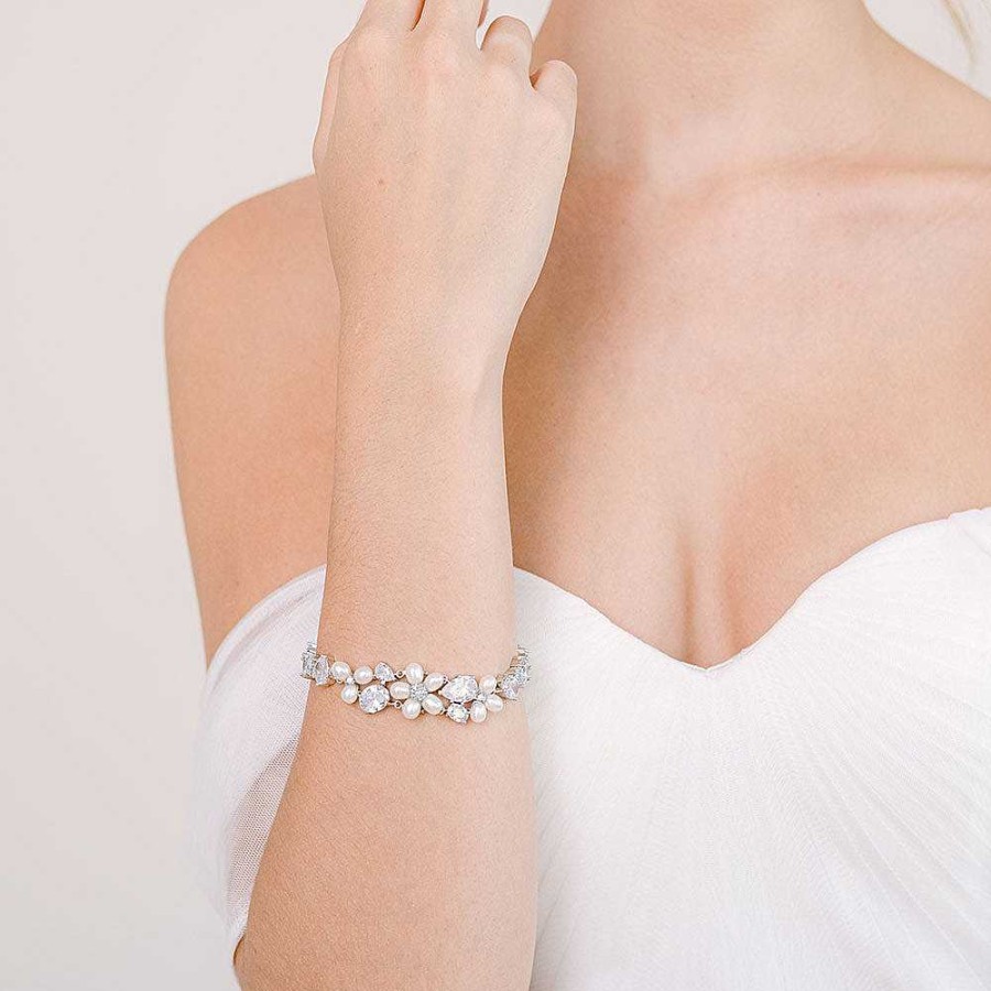 Wedding Jewellerywedding Jewellery Aria | Adeline Freshwater Pearl Floral And Crystal Bracelet