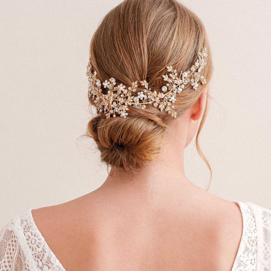 Wedding Hair Accessorieswedding Hair Accessories Aria | Heather Crystal And Pearl Floral Gold Hair Vine