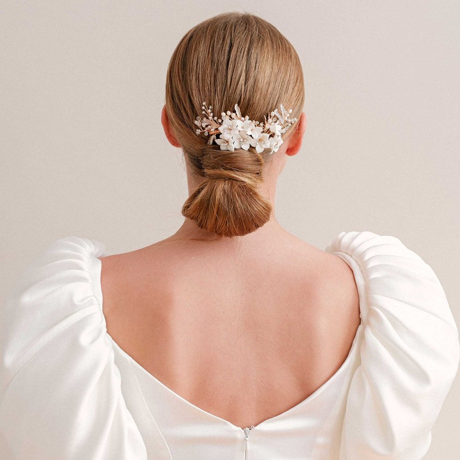 Wedding Hair Accessorieswedding Hair Accessories Aria | Elisabetta Ii Ivory Clay Floral Gold Hair Comb