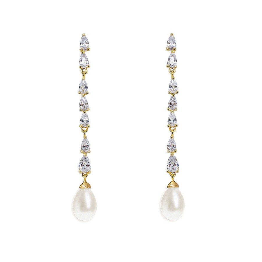 Wedding Jewellerywedding Jewellery Ivory & Co | Melbourne Crystal Long Pearl Drop Earrings (Gold)