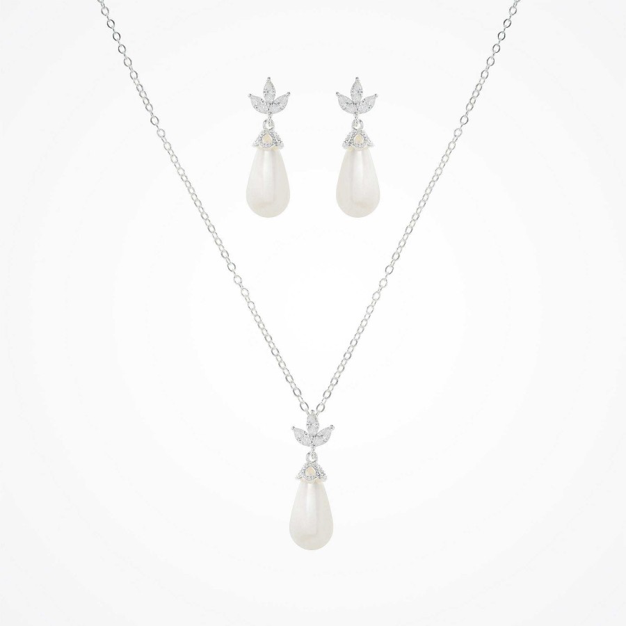 Wedding Jewellerywedding Jewellery Aria | Fleurette Navette Teardrop Pearl Earrings And Necklace Set (Silver)