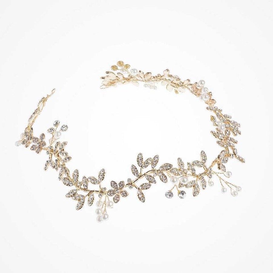 Wedding Hair Accessorieswedding Hair Accessories Aria | Gaia Crystal Embellished Leaves And Pearl Buds Gold Hair Vine