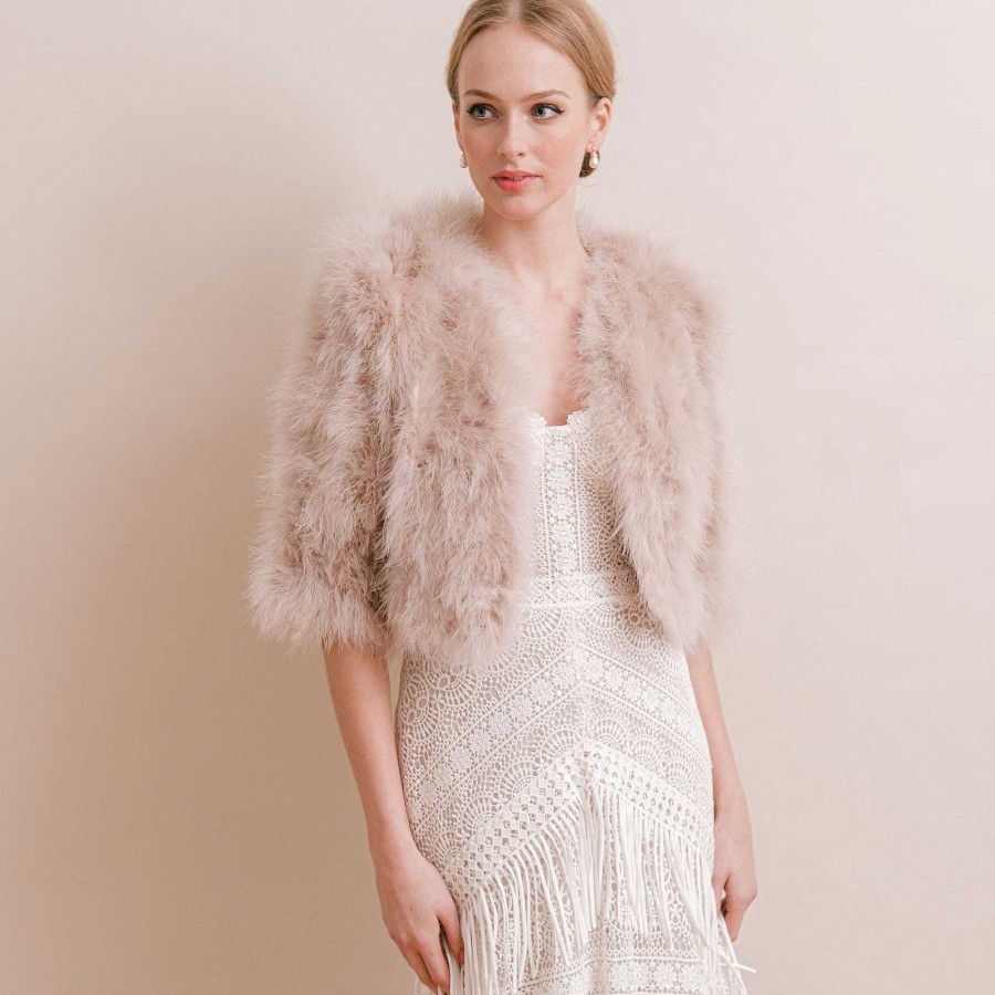 Veils, Cover-Ups And Beltsveils, Cover-Ups And Belts Aria | Smoked Blush Cropped Feather Bridal Jacket