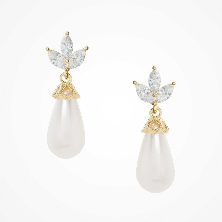 Wedding Jewellerywedding Jewellery Aria | Fleurette Navette Teardrop Pearl Earrings (Gold)