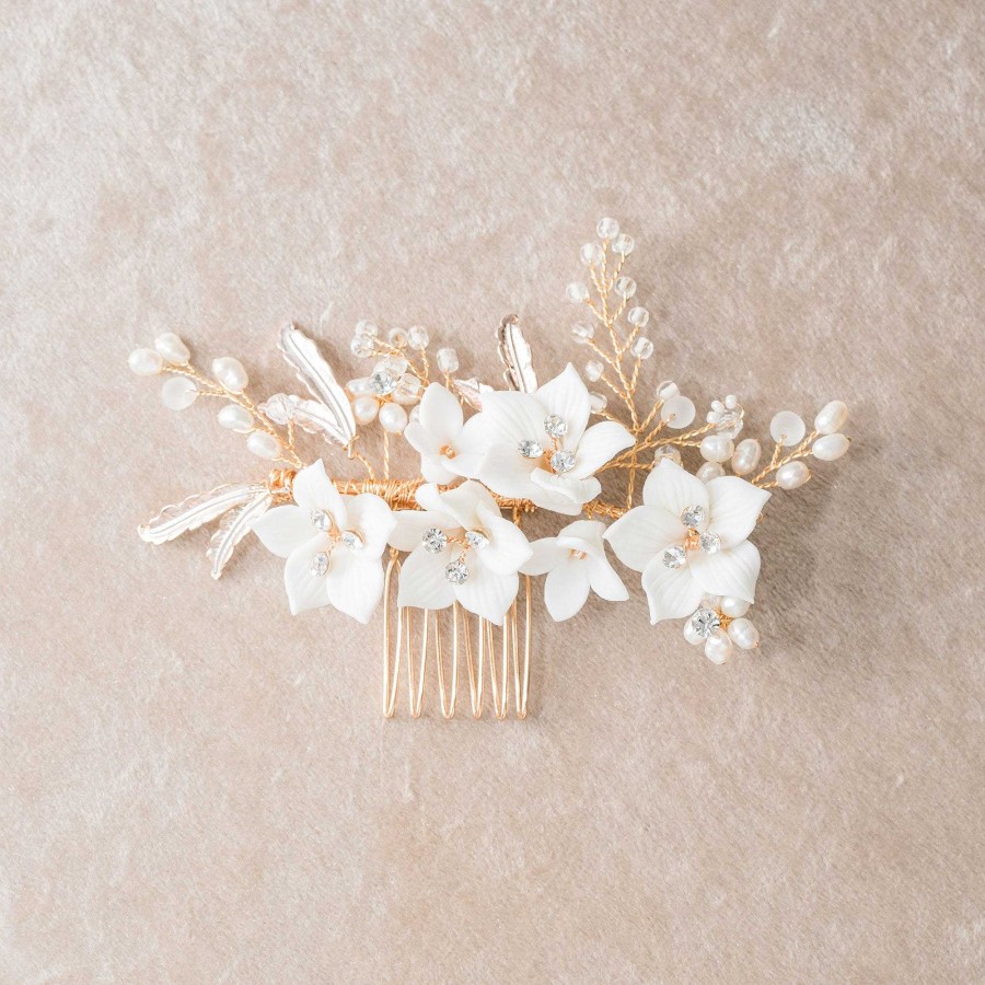 Wedding Hair Accessorieswedding Hair Accessories Aria | Elisabetta Ii Ivory Clay Floral Gold Hair Comb