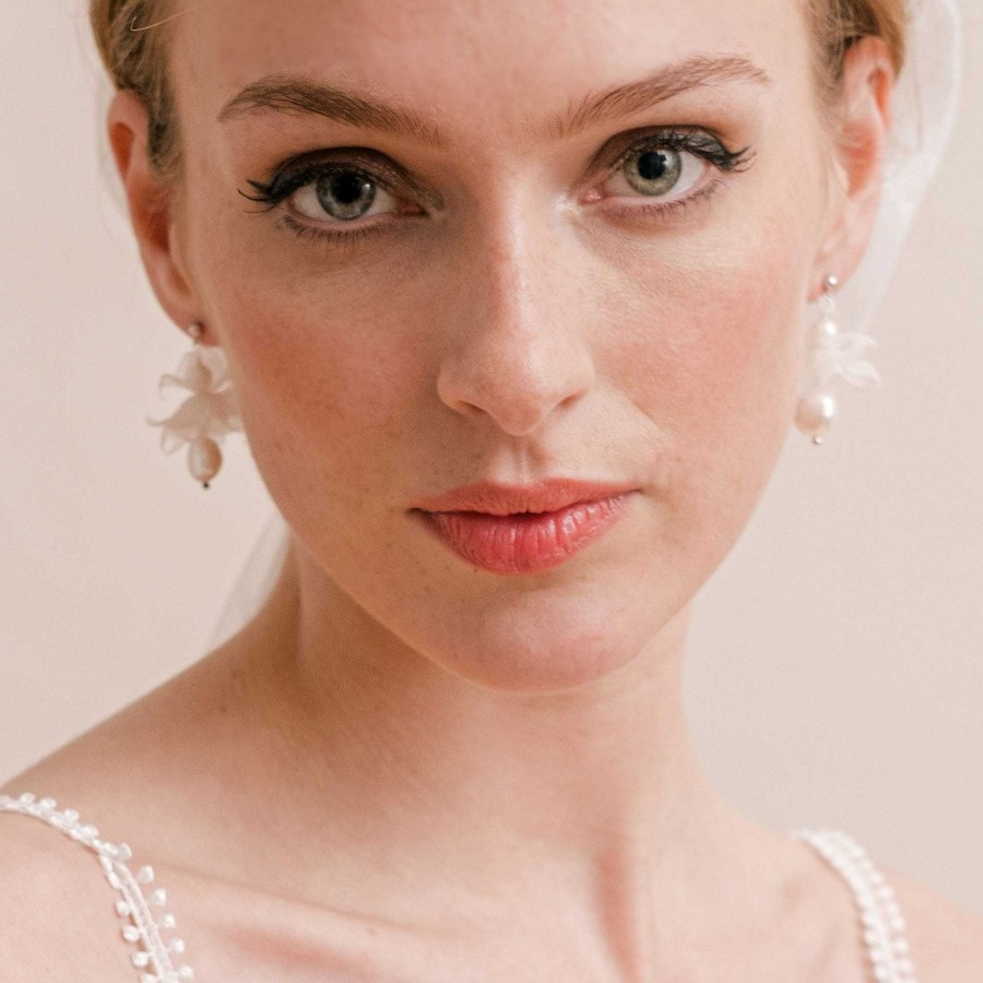 Wedding Jewellerywedding Jewellery Arianna Bespoke | Tulle Flower And Pearl Drop Earrings