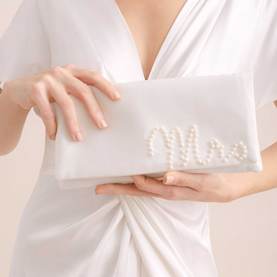 Bags Emma Gordon London | Mrs' Pearl Embellished Ivory Satin Clutch