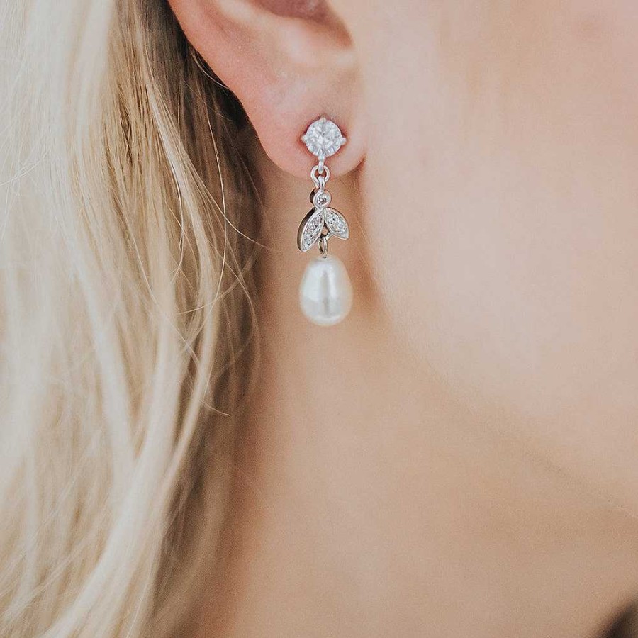 Wedding Jewellerywedding Jewellery Stephanie Browne | Silk Crystal Leaf Pearl Drop Earrings