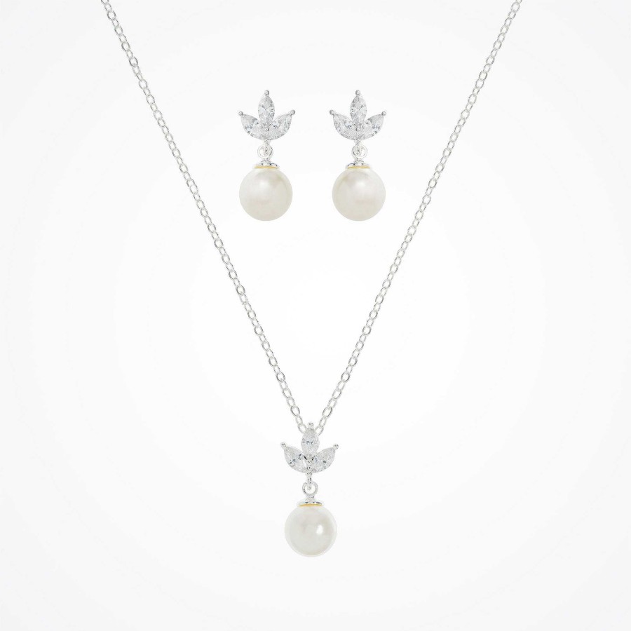 Wedding Jewellerywedding Jewellery Aria | Romy Navette Pearl Drop Earrings And Necklace Set (Silver)