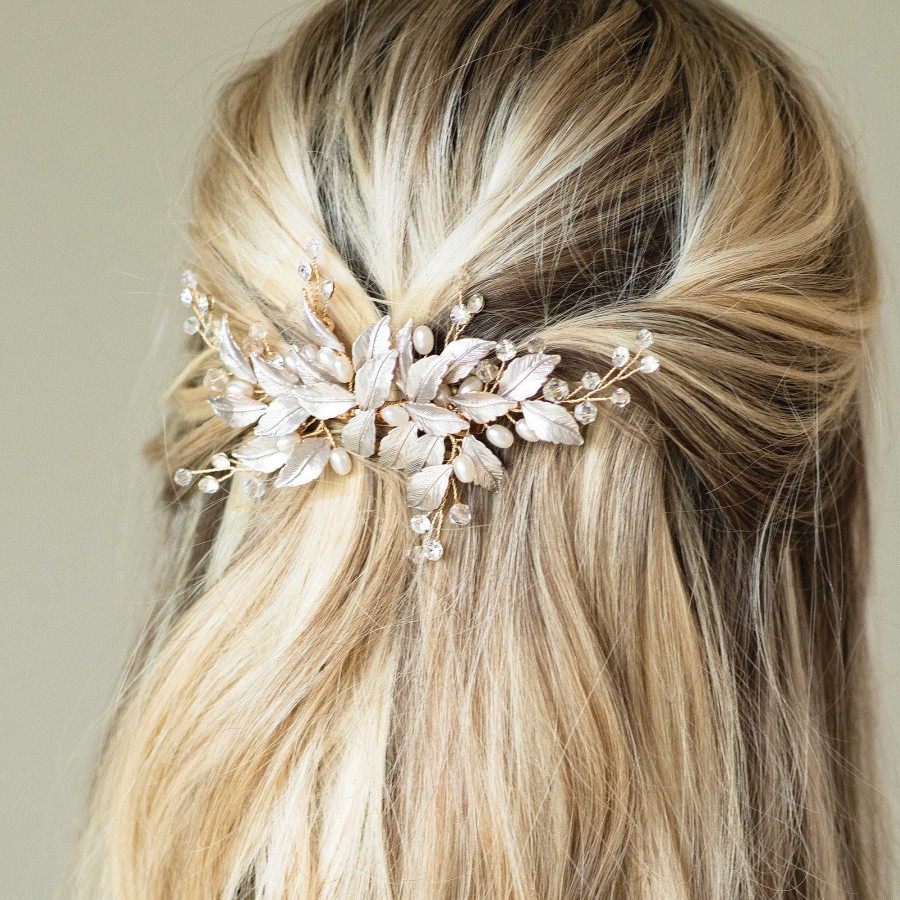 Wedding Hair Accessorieswedding Hair Accessories Ivory & Co | Fairydust Crystal And Pearl Enamelled Leafy Clip (Gold)