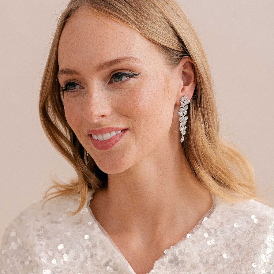 Wedding Jewellerywedding Jewellery Aria | Haley Long Drop Crystal Leaves Earrings