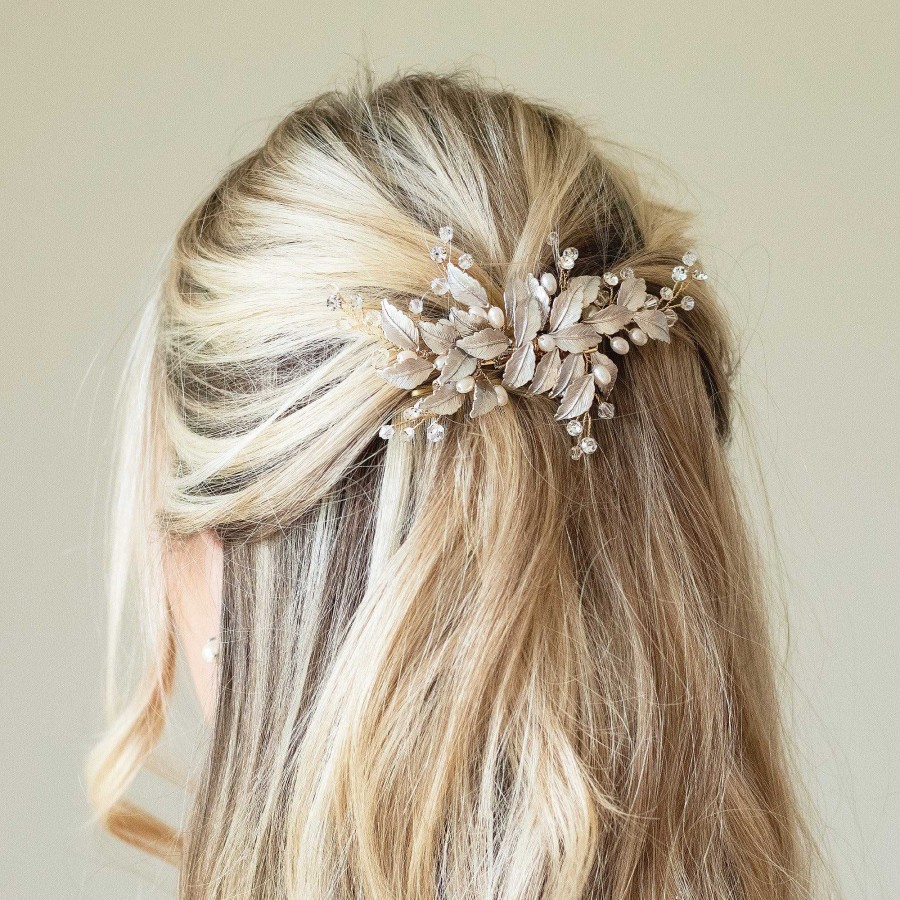 Wedding Hair Accessorieswedding Hair Accessories Ivory & Co | Fairydust Crystal And Pearl Enamelled Leafy Clip (Gold)