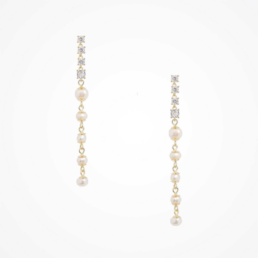 Wedding Jewellerywedding Jewellery Aria | Freshwater Pearl And Cz Long Drop Earrings (Gold)