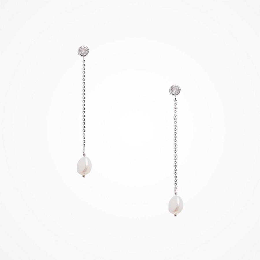 Wedding Jewellerywedding Jewellery Aria | Single Freshwater Pearl And Crystal Chain Drop Earrings (Silver)