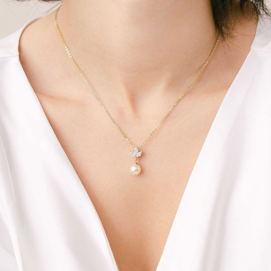 Wedding Jewellerywedding Jewellery Aria | Romy Navette Pearl Drop Necklace (Gold)