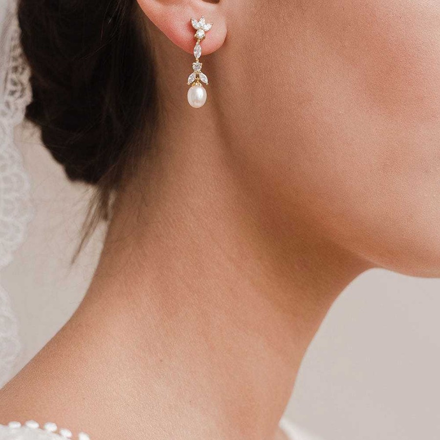 Wedding Jewellerywedding Jewellery Liberty in Love | Angelica Cz Floral Teardrop Pearl Earrings (Gold)