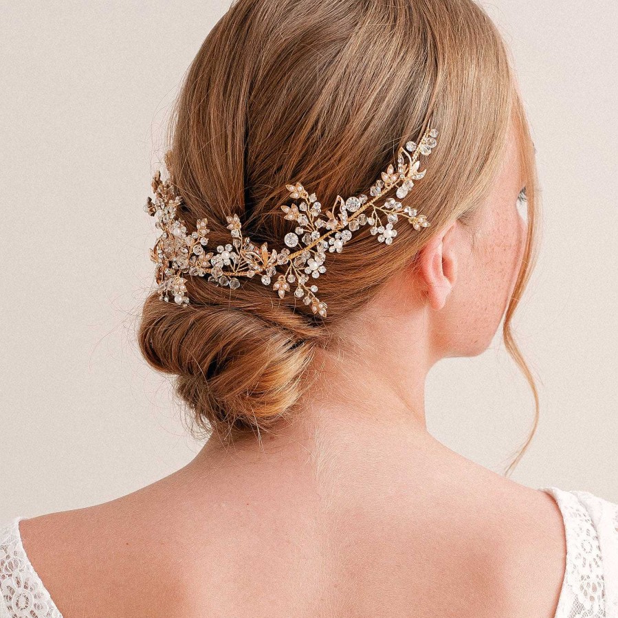 Wedding Hair Accessorieswedding Hair Accessories Aria | Heather Crystal And Pearl Floral Gold Hair Vine