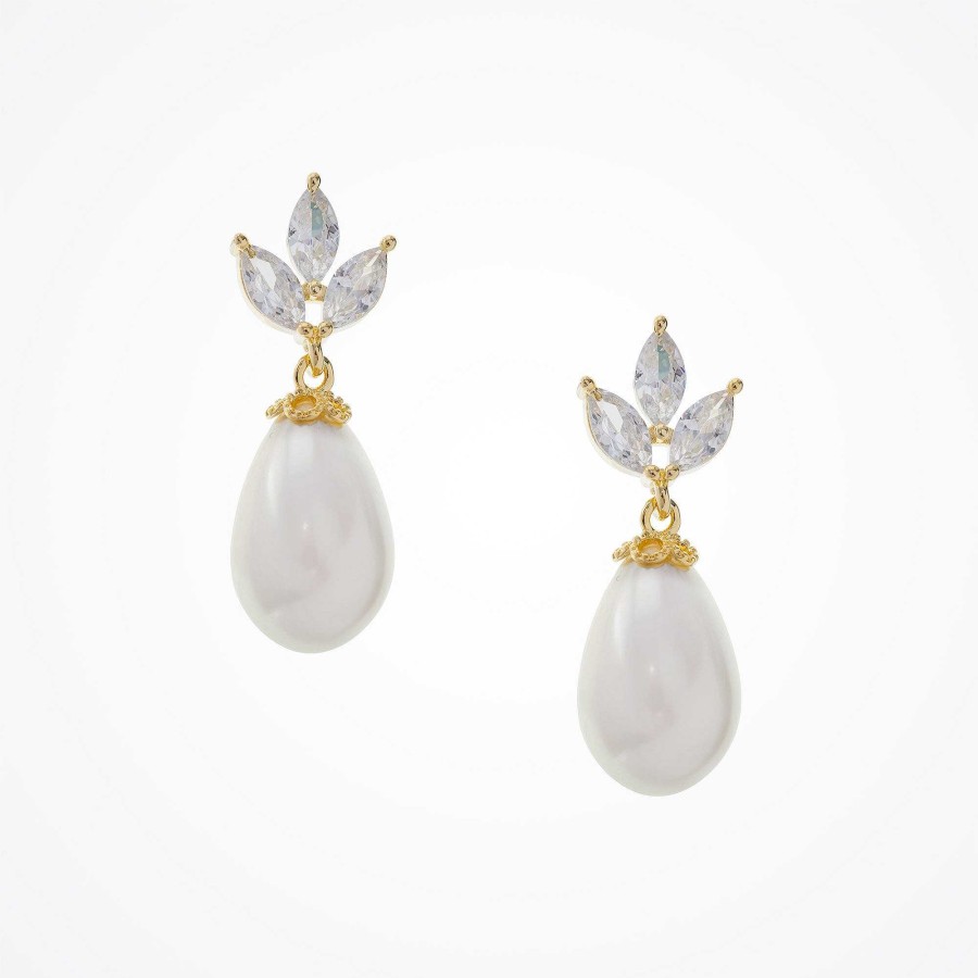 Wedding Jewellerywedding Jewellery Aria | Capri Cz And Teardrop Pearl Earrings (Gold)