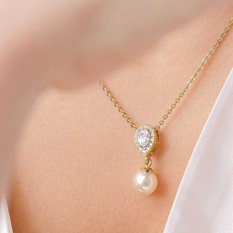 Wedding Jewellerywedding Jewellery Aria | Coco Pearl Drop Necklace (Gold)